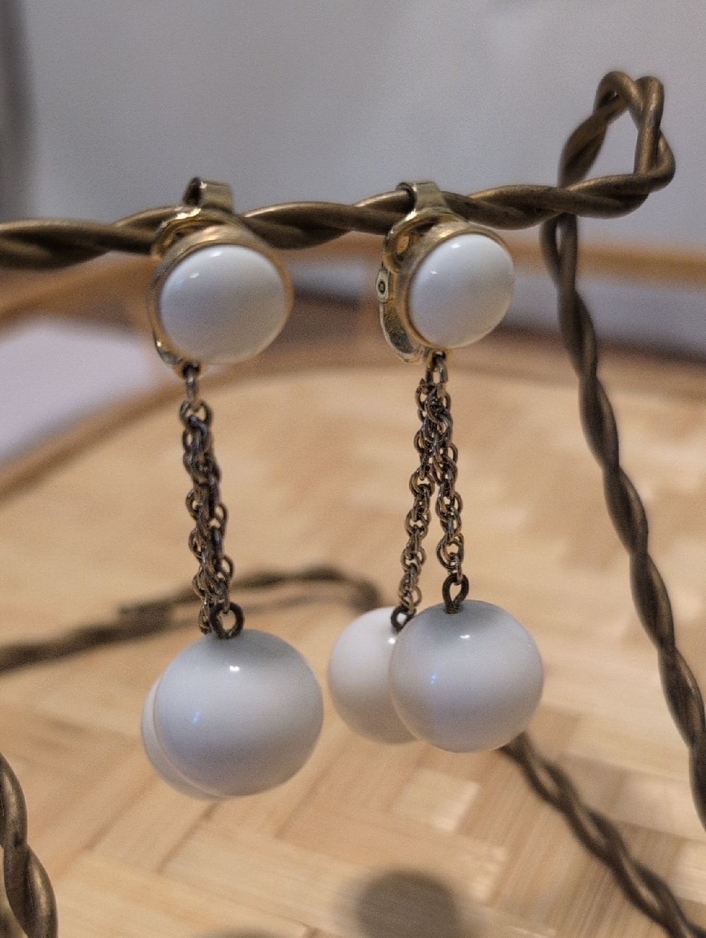 Vintage Crown Trifari White Dangle Ball Earrings Clip On Style